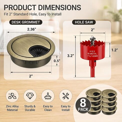 Covzoe 8 Pack 2 Inch Cable Grommet, Wire Hole Cover with Hole Saw, Metal Desk Grommet for Wire Organizer Home Office Table Wire Management, Bronze in Saudi Arabia