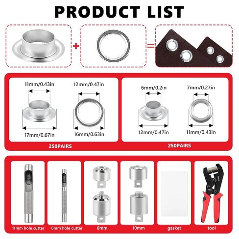 3/8" 1/4" Grommet Tool Kit for Fabric Tarp Leather with 500 Pairs Eyelets and Grommets-3/8" Heavy Duty Eyelet Tool with 1/4" Die, 500pairs Silver Metal Grommets, 6mm 11mm Hole Punch, Gasket in Saudi Arabia