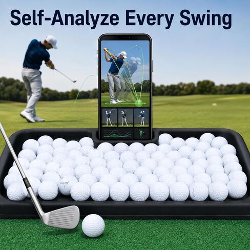 Japard Golf Ball Tray 100 Balls Holder for Practice Mat, 23.2" Wide Black | Built-In Phone Holder for Swing Recording Large Capacity for Simulator Practice Indoor Outdoor in Saudi Arabia