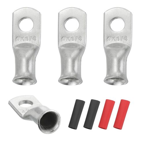 Generic 4pcs 4 AWG M6 Battery Lugs Ring Terminals, 1/4" 6mm Stud Crimp Wire Terminal Connector End Copper, 3:1 Heat Shrink Tubing, Silver in Kuwait