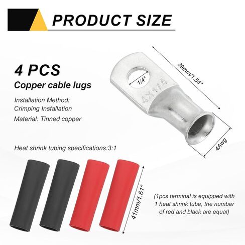 Generic 4pcs 4 AWG M6 Battery Lugs Ring Terminals, 1/4" 6mm Stud Crimp Wire Terminal Connector End Copper, 3:1 Heat Shrink Tubing, Silver in Kuwait