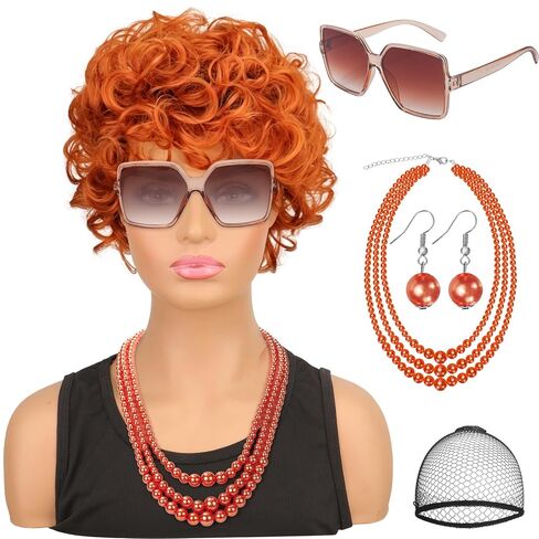 Women Short Orange Red Curly Wig, Mrs Cosplay Costume Wig for Roper with Sunglasses and Orange Necklace Earrings Jewelry Set for Halloween Party in Saudi Arabia