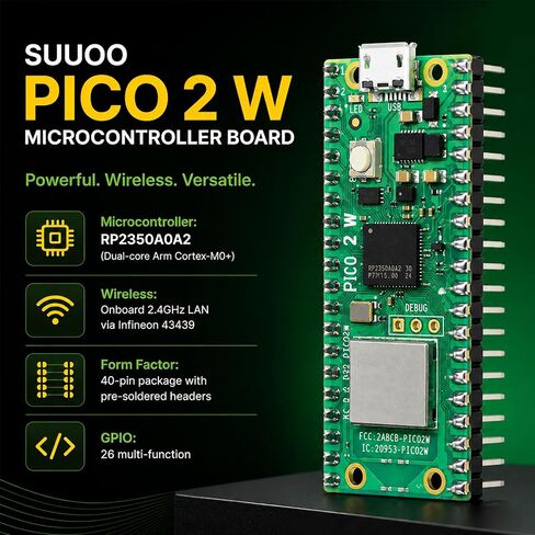 لوحة Pico 2 W مع رؤوس ملحومة مسبقًا، Cortex-M33 ثنائي النواة ووحدة تحكم دقيقة RISC-V، 2.4 جيجا هرتز 802.11n WiFi وBluetooth 5.2، فلاش 4 ميجا بايت، لوحة تطوير SRAM 520 كيلو بايت in Kuwait