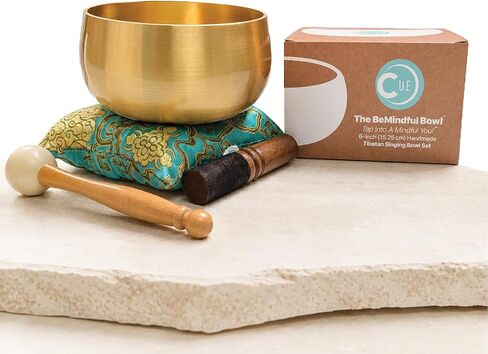 BeMindful Bowl CUE Meditation Edition, 6 Inch Tibetan Singing Bowl Set with Free Meditation Course, Gift Box, Cushion, Wooden & Rubber Mallets for Sound Healing, Yoga, Mindfulness Gift in Kuwait