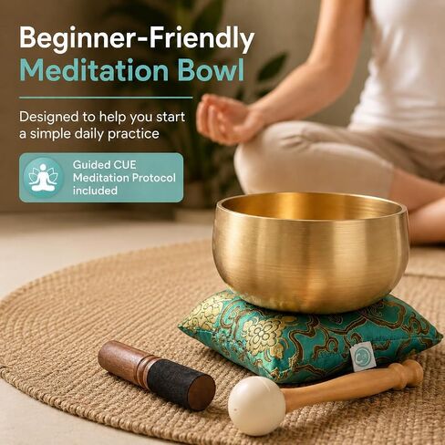 BeMindful Bowl CUE Meditation Edition, 6 Inch Tibetan Singing Bowl Set with Free Meditation Course, Gift Box, Cushion, Wooden & Rubber Mallets for Sound Healing, Yoga, Mindfulness Gift in Kuwait