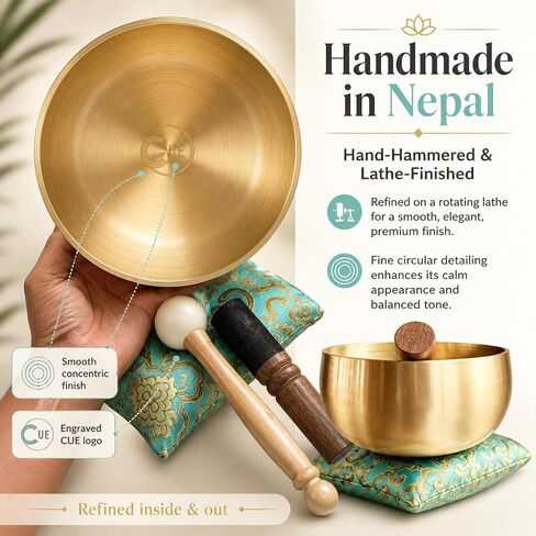 BeMindful Bowl CUE Meditation Edition, 6 Inch Tibetan Singing Bowl Set with Free Meditation Course, Gift Box, Cushion, Wooden & Rubber Mallets for Sound Healing, Yoga, Mindfulness Gift in Kuwait