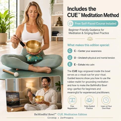 BeMindful Bowl CUE Meditation Edition, 6 Inch Tibetan Singing Bowl Set with Free Meditation Course, Gift Box, Cushion, Wooden & Rubber Mallets for Sound Healing, Yoga, Mindfulness Gift in Kuwait