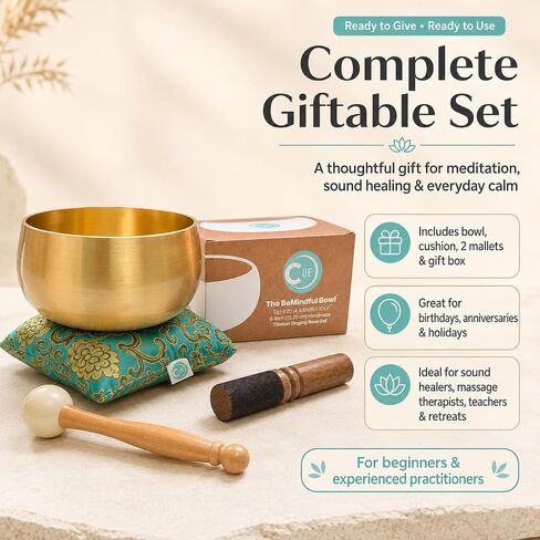 BeMindful Bowl CUE Meditation Edition, 6 Inch Tibetan Singing Bowl Set with Free Meditation Course, Gift Box, Cushion, Wooden & Rubber Mallets for Sound Healing, Yoga, Mindfulness Gift in Kuwait