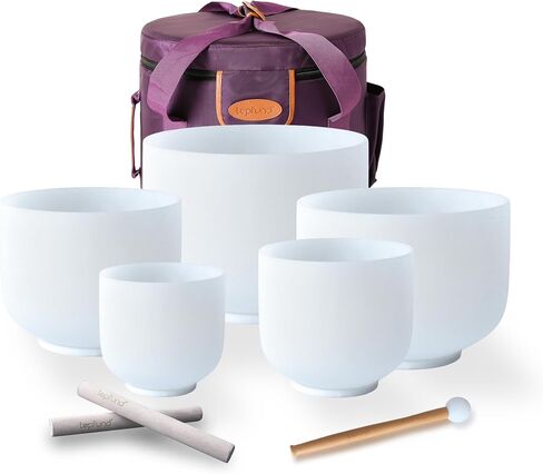 TOPFUND 7-12 Inch 432Hz Chakra Set of 5 Sharp Note Crystal Singing Bowls with Heavy Duty Carrying Case and Mallets in Kuwait