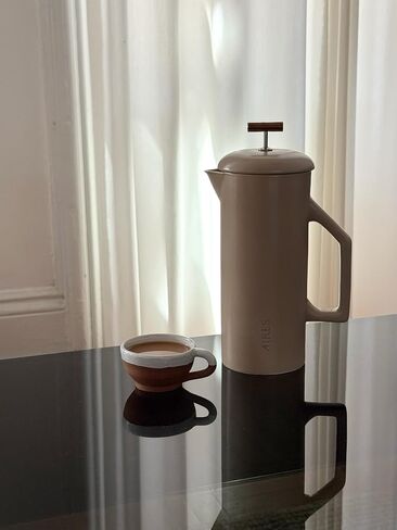 Aires Ceramic French Press Coffee Maker-34 أوقية حجرية محاكمة للحرارة-لون محايد أنيق-مستوحى من ثقافة القهوة بوينس آيرس-جاهزة للهدية مع دليل باريستا تخمير in Kuwait