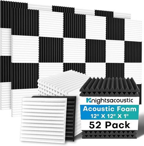 52 Pack Acoustic Foam Panels, 1 X 12 X 12 Inches Sound Proof Foam Panels for Walls, High Density Acoustic Panels Sound Absorbing, Black White Noise Cancelling Studio Wedges (NOT INCLUDE ADHESIVE) in Kuwait