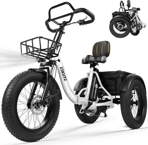 ESKUTE T300 Pro Electric Trike for Adults, 998.4Wh Long-Range Battery, 1200W Peak Motor, 20"x4.0" Fat Tires, Foldable 3-Wheel Butterfly Handlebar E-Bike with Storage Bags in Kuwait