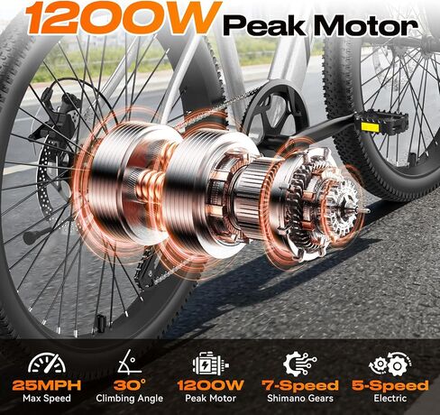 26" Electric Bike for Adults Teens Ebike with 4 Modes & 7-Speed,UL2849 Certified,1200W Peak Motor,28Mph & 50Miles,Internal Battery,Full Shock Absorber,City Commuter in Kuwait