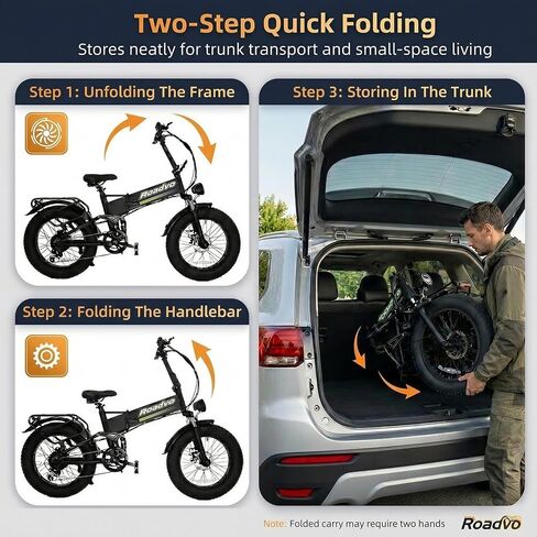 Roadvo 20x4.0 Fat Tire Electric Bike for Adults Commute | 48V/13Ah Removable Battery,UL Certified,Foldable,50 Miles,20MPH,1500W Peak Motor, Dual Disc Brakes, LCD,7-Speed & Suspension in Kuwait