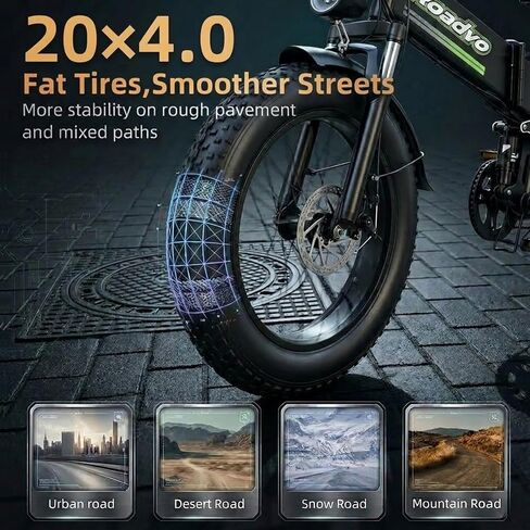Roadvo 20x4.0 Fat Tire Electric Bike for Adults Commute | 48V/13Ah Removable Battery,UL Certified,Foldable,50 Miles,20MPH,1500W Peak Motor, Dual Disc Brakes, LCD,7-Speed & Suspension in Kuwait