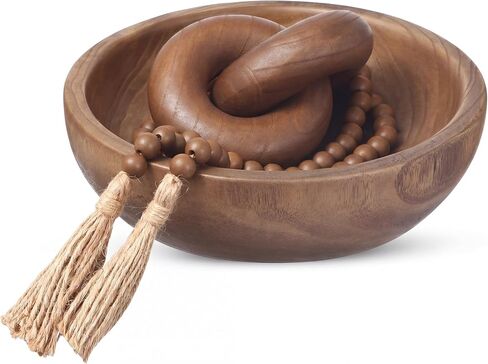 Novabright Farmhouse Wooden Decoration Set, Wooden Handmade Bowl, Chain, Beads, Suitable for Home, Bohemian, Coffee Table, Bedroom, Bathroom in Saudi Arabia