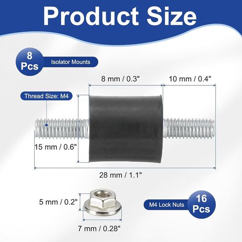 PATIKIL M4 15x8 مم حوامل عازلة مطاطية، 8 قطع مطاطية ممتصة للصدمات ومضادة للاهتزاز وعازلة للتخميد مع صواميل قفل للمحرك وضاغط الهواء والمحركات (ارتفاع 28 مم) in Kuwait