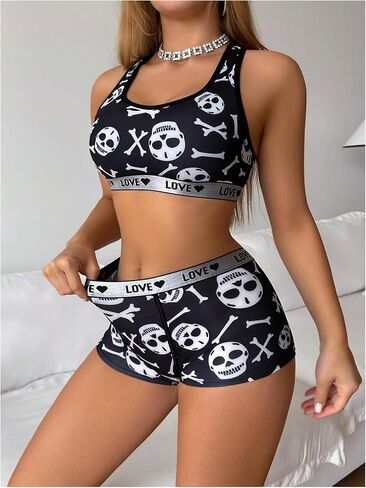 WDIRARA Women's Skull Print 2 Piece Lingerie Sets Bra and Boyshorts Underwear in Saudi Arabia