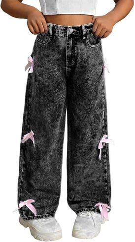 Bow Jeans for Girls Wide Leg Kids Baggy Flare Denim Pants High Waisted Cute Clothes Y2k Outfits with Pockets 6-14Y in Kuwait