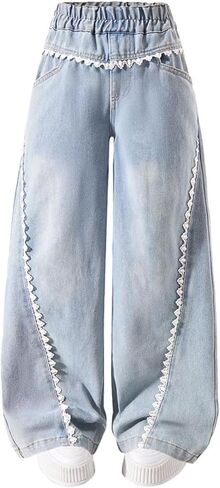 Bow Jeans for Girls Wide Leg Kids Baggy Flare Denim Pants High Waisted Cute Clothes Y2k Outfits with Pockets 6-14Y in Kuwait