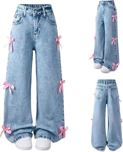 Bow Jeans for Girls Wide Leg Kids Baggy Flare Denim Pants High Waisted Cute Clothes Y2k Outfits with Pockets 6-14Y in Kuwait