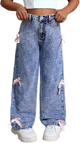 Bow Jeans for Girls Wide Leg Kids Baggy Flare Denim Pants High Waisted Cute Clothes Y2k Outfits with Pockets 6-14Y in Kuwait