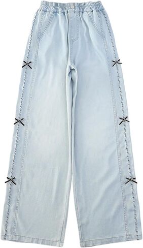 Bow Jeans for Girls Wide Leg Kids Baggy Flare Denim Pants High Waisted Cute Clothes Y2k Outfits with Pockets 6-14Y in Kuwait