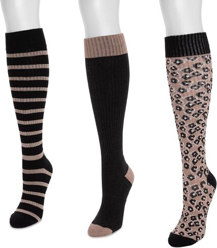 MUK LUKS Women's 3 Pack Tall Cotton Compression Knee-High Socks, Multi, OS in Kuwait