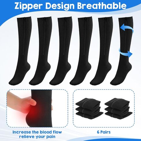 Kifmurase 6 Pairs Zipper Compression Socks, Knee High Compression Stockings for Women & Men, Closed Toe 15-20mmhg Calf Knee High Stocking for Swelling Edema in Kuwait