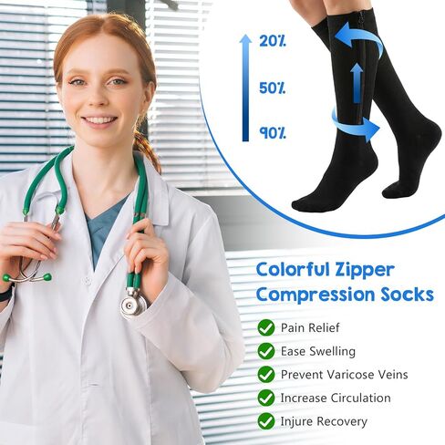 Kifmurase 6 Pairs Zipper Compression Socks, Knee High Compression Stockings for Women & Men, Closed Toe 15-20mmhg Calf Knee High Stocking for Swelling Edema in Kuwait