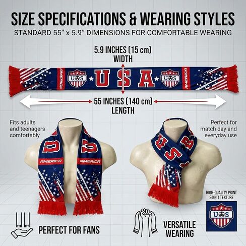 World Cup 2026 Merchandise - Team USA Soccer Scarf - Double Sided Print Polyester 55in x 6in - Red White Blue Fan Scarf for Men Women - Perfect for Match Viewing, Fan Parties & Gifts in Kuwait