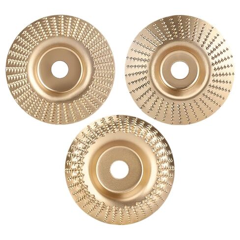 Sewroro 3pcs Gold Woodworking Grinding Disc Set with Flat, Beveled, and Curved Surfaces Alloy Steel Polishing Wheels for Wood Carving and Shaping with Abrasive Buffing Pads in Kuwait