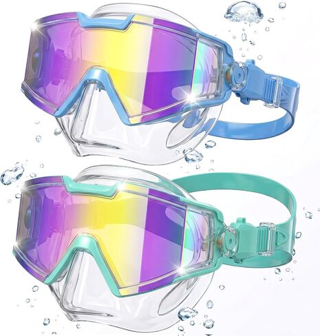Kids Swimming Goggles 2 Pack, Anti Fog&UV Swim Goggles for Boys Girls, No Leak Pool Beach Essentials for kid 3-14 (Blue & Green with Nose Cover) in Kuwait
