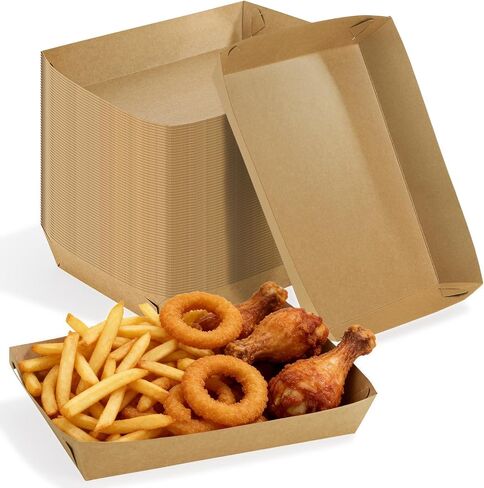 Covzoe 100 Pack Large Kraft Paper Food Trays, Grease Resistant Rectangular Food Containers Disposable, 10.6 x 7.5 x 2 Inch Spacious Snack Nacho Tray Box for Popcorn Burger BBQ Dessert Fries Party in Kuwait