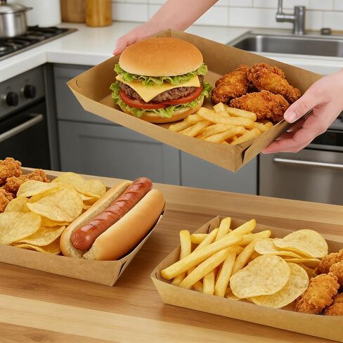 Covzoe 100 Pack Large Kraft Paper Food Trays, Grease Resistant Rectangular Food Containers Disposable, 10.6 x 7.5 x 2 Inch Spacious Snack Nacho Tray Box for Popcorn Burger BBQ Dessert Fries Party in Kuwait