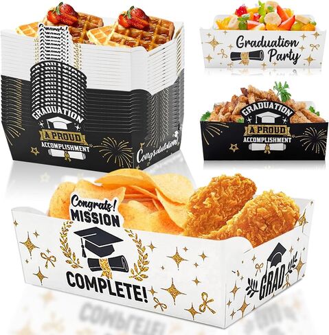 24Pcs 2026 Graduation Snack Bowl, Black & Gold Disposable Food Tray for Graduation Themed Birthday Party Decoration in Kuwait