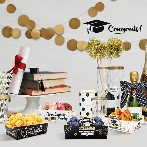 24Pcs 2026 Graduation Snack Bowl, Black & Gold Disposable Food Tray for Graduation Themed Birthday Party Decoration in Kuwait