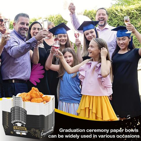 24Pcs 2026 Graduation Snack Bowl, Black & Gold Disposable Food Tray for Graduation Themed Birthday Party Decoration in Kuwait
