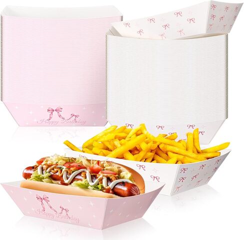 Baderke 100 Pcs Pink Bow Paper Food Trays Boats 2lb Disposable Plates for Coquette Birthday Party Girls Women Events Themed Party Supplies Wedding Baby Shower Carnivals Dinners Cookouts in Kuwait