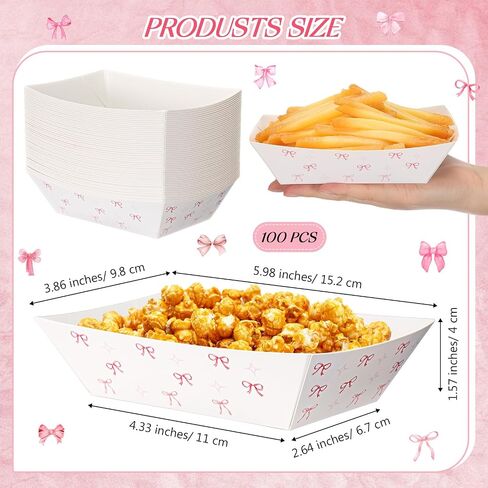 Baderke 100 Pcs Pink Bow Paper Food Trays Boats 2lb Disposable Plates for Coquette Birthday Party Girls Women Events Themed Party Supplies Wedding Baby Shower Carnivals Dinners Cookouts in Kuwait