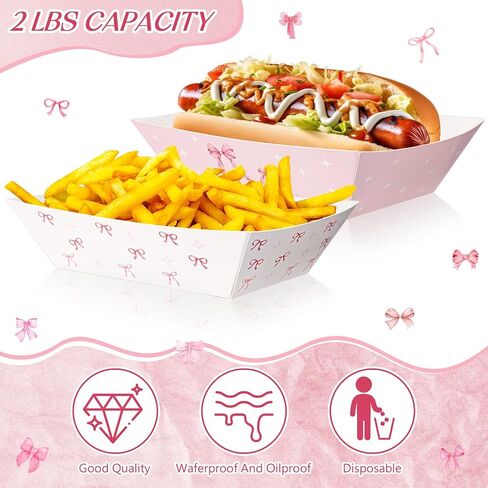 Baderke 100 Pcs Pink Bow Paper Food Trays Boats 2lb Disposable Plates for Coquette Birthday Party Girls Women Events Themed Party Supplies Wedding Baby Shower Carnivals Dinners Cookouts in Kuwait