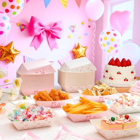 Baderke 100 Pcs Pink Bow Paper Food Trays Boats 2lb Disposable Plates for Coquette Birthday Party Girls Women Events Themed Party Supplies Wedding Baby Shower Carnivals Dinners Cookouts in Kuwait