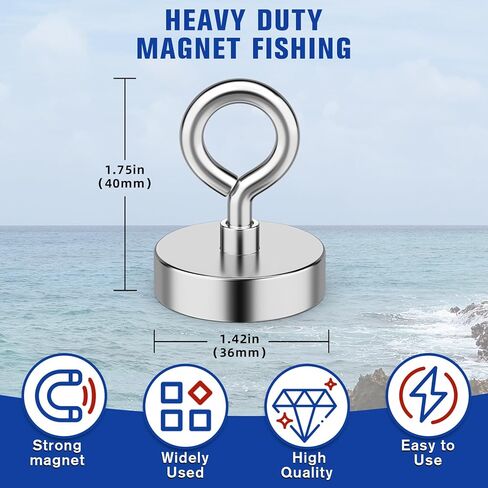 Neodymium Fishing Magnet, 150 lbs Strong Magnet Fishing, Magnetic Fishing Magnets Heavy Duty for Remover, Super Powerful Round Magnets for Retrieving Items in Lake, Beach, Lawn 1.42’’(36mm) in Saudi Arabia