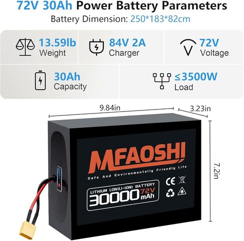72V 30Ah LiFePO4 E-Bike Battery 250W-3500W,XT90 Connector, USB Port, LED Display, 2A Fast Charger & Smart BMS – For Commuting & Trail Riding in Kuwait