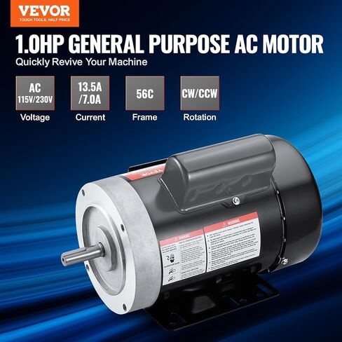 محرك كهربائي VEVOR 1HP 3450 دورة في الدقيقة، تيار متردد 115 فولت/230 فولت، إطار 56C، محرك ضاغط الهواء أحادي الطور، عمود بمفتاح 5/8 بوصة، دوران CW/CCW للآلات الزراعية والمعدات العامة in Kuwait