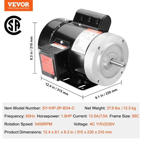 محرك كهربائي VEVOR 1HP 3450 دورة في الدقيقة، تيار متردد 115 فولت/230 فولت، إطار 56C، محرك ضاغط الهواء أحادي الطور، عمود بمفتاح 5/8 بوصة، دوران CW/CCW للآلات الزراعية والمعدات العامة in Kuwait