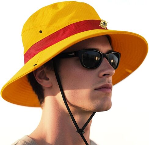 shiningsoul UPF 50+ Waterproof Foldable Bucket Hat - Wide Brim 15" w/ 5 Pins & Ponytail Hole Yellow in Kuwait
