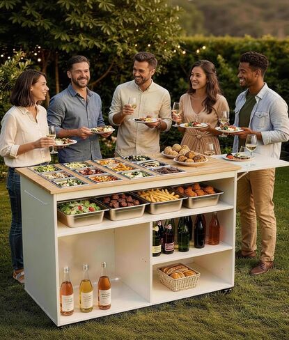 Ceridwen Wooden Mobile Serving Cart,Foldable Table Board with Mobile Food Cart, 12 PCS 304 Stainless Steel Plates, Adjustable Shelves for Party Wedding Kitchen Outdoor (White, 1.2M) in Kuwait