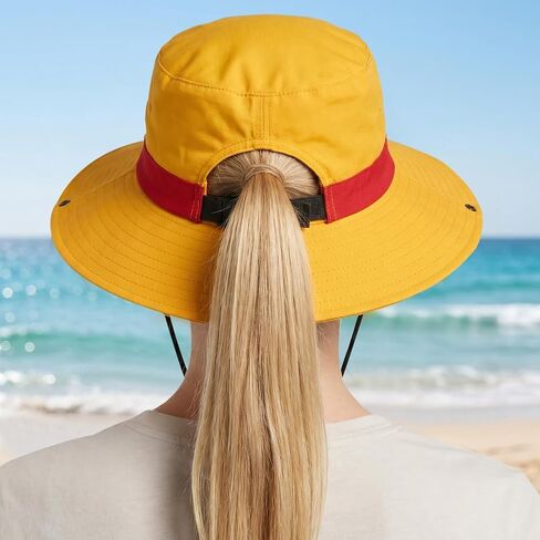 shiningsoul UPF 50+ Waterproof Foldable Bucket Hat - Wide Brim 15" w/ 5 Pins & Ponytail Hole Yellow in Kuwait