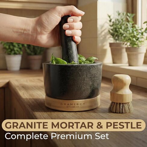Gramercy Mortar and Pestle Set – Heavy Duty Granite Stone Grinder with Stable Bamboo Base, Extra Long Pestle & Cleaning Brush - Ideal Guacamole Bowl, Herb Grinder & Molcajete Bowl, 1.5-Cup in Kuwait